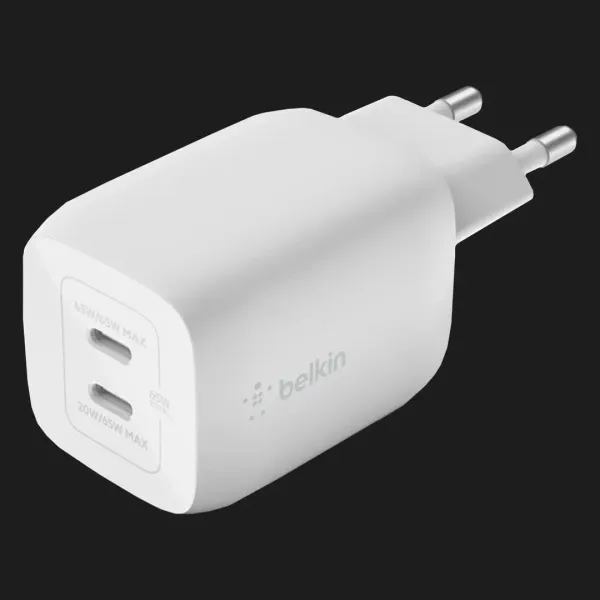 Зарядний пристрій Belkin 65W GAN PD PPS Dual USB-С - USB-С 2m (White)