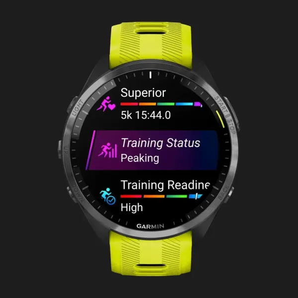 Garmin Forerunner 965 Carbon Gray DLC Titanium Bezel with Black Case and Amp Yellow/Black Silicone Band