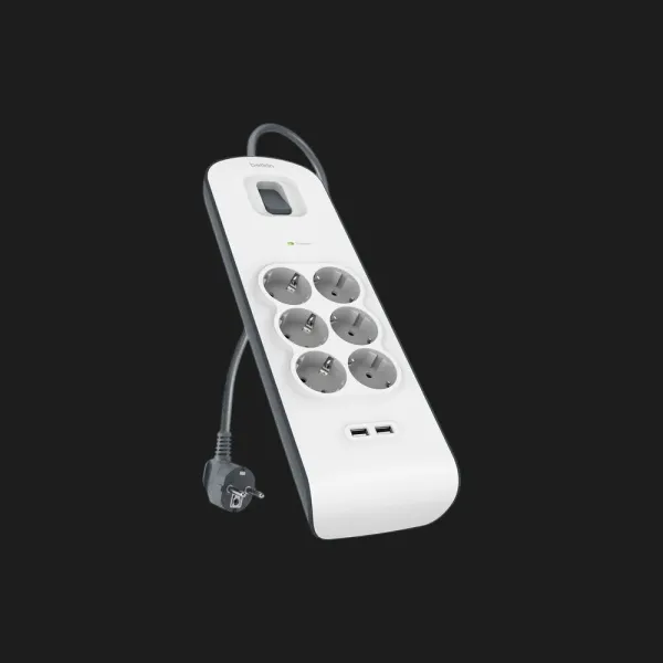 Мережевий фільтр Belkin 6хТип F, 3x1.5мм кв, 16А, 2xUSB-A 2.4A, з захистом від перенапруги,2м (White)