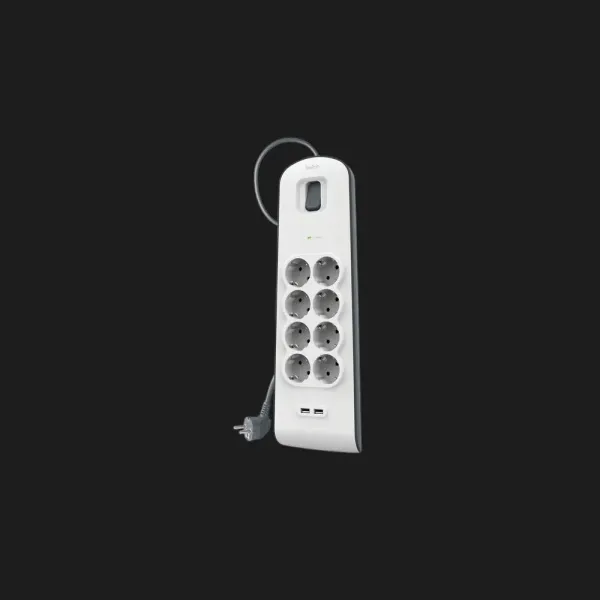 Мережевий фільтр Belkin 8хТип F, 3x1.5мм кв, 16А, 2xUSB-A 2.4A, з захистом від перенапруги,2м (White)