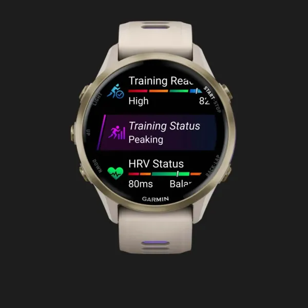 Garmin Forerunner 970 Soft Gold Titanium with French Gray Case and French Gray/Translucent Indigo Band