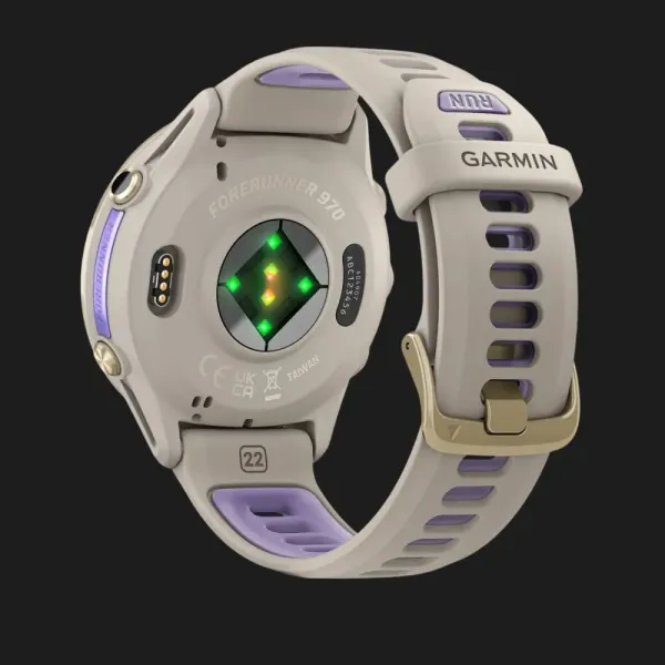 Garmin Forerunner 970 Soft Gold Titanium with French Gray Case and French Gray/Translucent Indigo Band