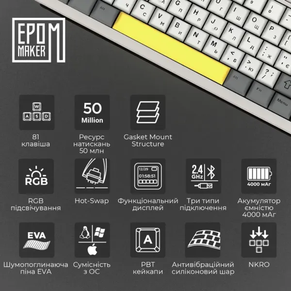 Клавіатура ігрова Epomaker AK820 Pro Flying Fish (White) (UA)