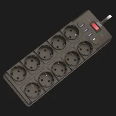 Мережевий фільтр 2E 10xТипF, 16A, 3xUSB-A, 1xUSB-C, 3m (Black)