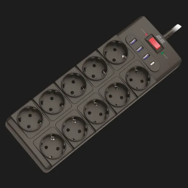 Мережевий фільтр 2E 10xТипF, 16A, 3xUSB-A, 1xUSB-C, 3m (Black)